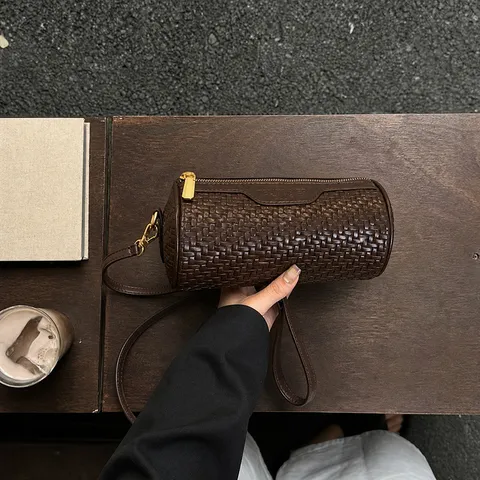 Vintage Woven Cylinder Bag Women PU Leather Pillow Shape Crossbody Shoulder Bag Retro Fashion Mobile Phone Purse