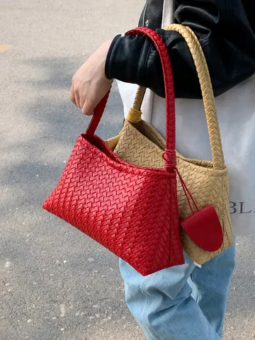 Bolso de Axila de Cuero PU Tejido de Moda para Mujer Bolso de Hombro Casual Urbano Minimalista Color Sólido