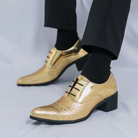 Herren Spitze Zehe Hoch Absatz Kleidschuhe Lackleder Krokodil Geprägt Schnürung Blockabsatz Business Casual Schuhe