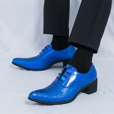 Herren Spitze Zehe Hoch Absatz Kleidschuhe Lackleder Krokodil Geprägt Schnürung Blockabsatz Business Casual Schuhe