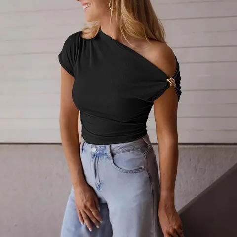 Women Asymmetric Single Shoulder Short Sleeve Top Polyester Solid Ribbed Knit Tee With Metal Ring Applique Fashion Slim Blouse
