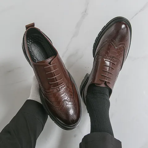 Men's Business Dress Leather Shoes Brogue Lace Up Hollow Casual Formal Oxford Shoes For Men Office Footwear