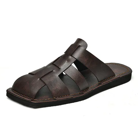Men's Casual Closed Toe Slippers Summer Outdoor Beach Sandals Microfiber Leather Breathable Handcrafted Flat Shoes