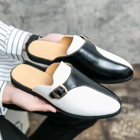 Men's Casual Color Block Mules Retro Slip-on Leather Shoes Metal Buckle Fashion Summer Loafers Outdoor Footwear