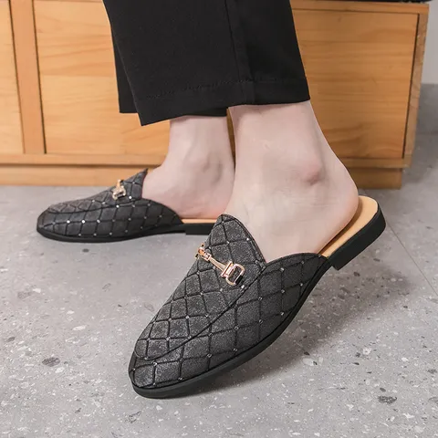 Men's Casual Slip-On Mules Shoes Summer Brit Style Diamond Pattern Metal Horsebit Loafers Covered-Toe Flat Slippers