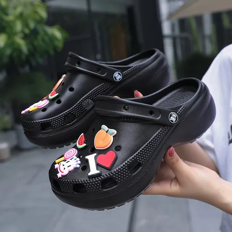 Women's Thick Platform Clogs Summer Casual Beach Shoes EVA Anti-Slip Breathable Closed Toe Sandals With Cute Charms
