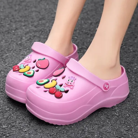 Women Thick Platform Clogs Casual Cute Cartoon Fruit Charms Breathable EVA Beach Slippers Outdoor Fashion Footwear