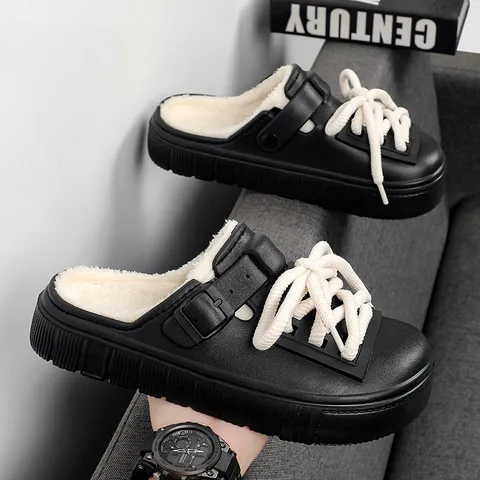Men's Winter Warm EVA Slippers Plush Lined Thick Platform Casual Indoor Outdoor Non-Slip House Cotton Shoes