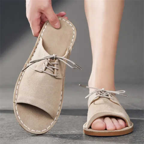 Heren Casual Koeienvel Suede Sandalen Zomer Outdoor Strand Schoenen Plat Antislip Open Teen Slippers Mannelijke Mode Schoenen