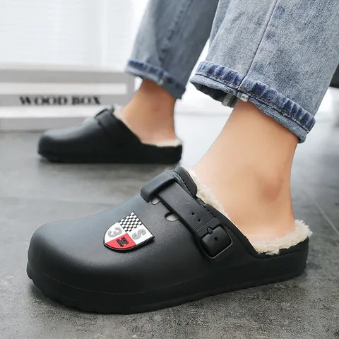 Men Winter Warm Cotton Slippers Closed Toe Slip On Casual House Shoes Waterproof EVA Upper Thick Plush Lining Indoor Outdoor