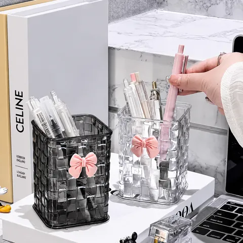 Scatola Porta Cosmetici Trasparente in PET Stile Principessa Organizer per Portapenne da Scrivania Con Grazioso Fiocco Contenitore per Pennelli da Trucco