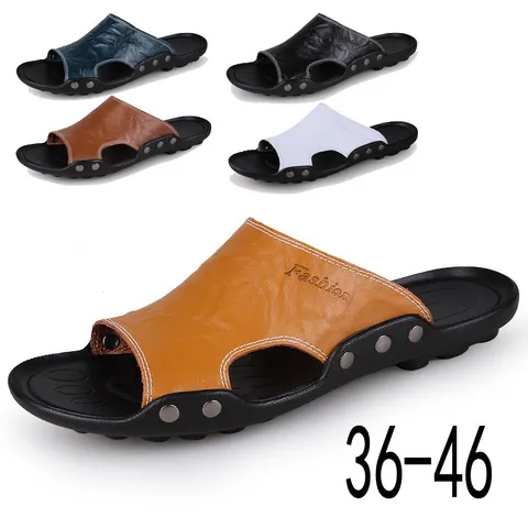 Sandalias Casuales de Cuero Herraje para Hombre Puntera Abierta Pantuflas de Playa Cómodas Transpirables Zapatos de Verano