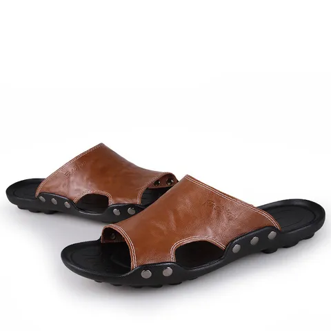Sandalias Casuales de Cuero Herraje para Hombre Puntera Abierta Pantuflas de Playa Cómodas Transpirables Zapatos de Verano