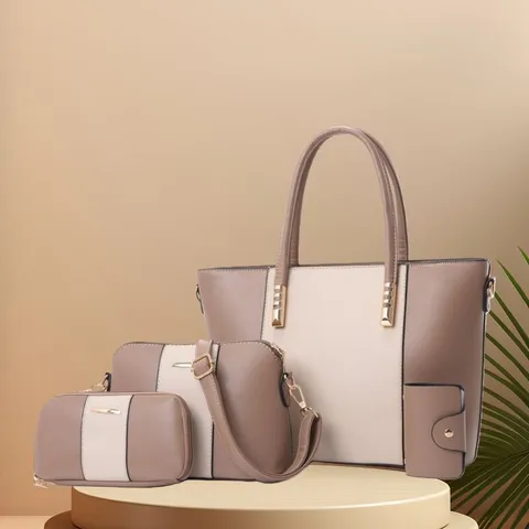 Vrouwen Grote Capaciteit Tote Bag Vier-Delige Set Vintage PU Leer Kleurblok Schoudertas Casual Handtas Set