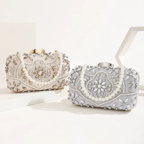 Women Evening Bag Rhinestone Beaded Pearl Clutch Bag European Vintage Handbag Wedding Party Wrist Bag