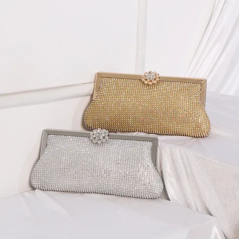 Sac Pochette de Soirée Strass de Luxe pour Femmes Cristal Scintillant Cadre Métal Mariage Fête Sac à Main Chaîne Métallique
