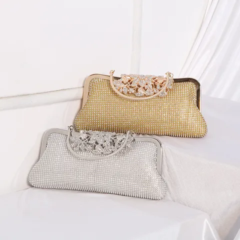 Sac de Soirée Strass Étincelant Élégant Pochette Satin Cadre Métal Fare Mariage Fête Sac à Main Bandoulière Chaîne