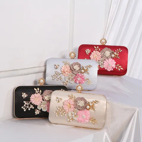 Women Velvet Evening Bag Handmade Pearl Flower Clutch Purse Vintage Retro Banquet Handbag Rhinestone Lock Bag
