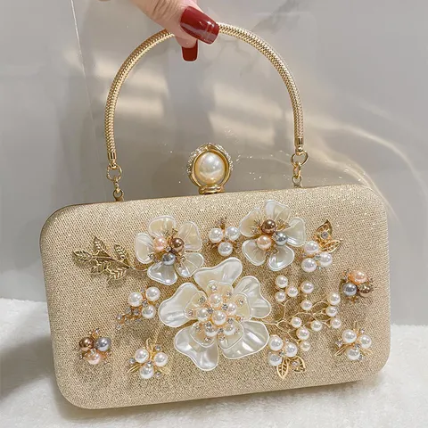 Women Luxury Glitter Evening Bag Pearl Floral Chain Crossbody Bag Wedding Party Banquet Handbag Clutch Purse
