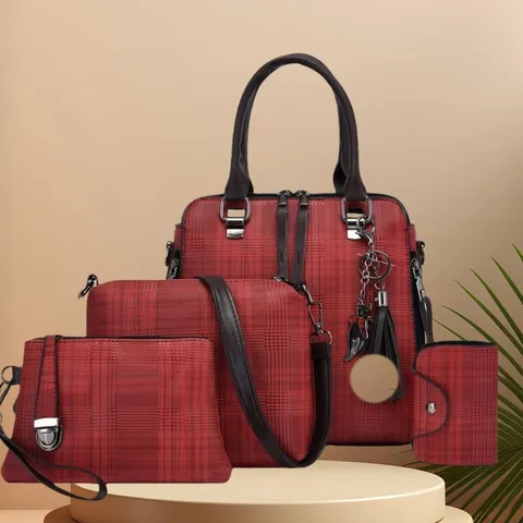 Dames PU-Leder Ruit Handtas Vierdelige Set Shopper Schoudertas Portemonnee Met Kwastje Hanger