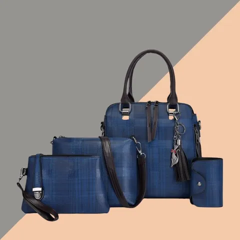Dames PU-Leder Ruit Handtas Vierdelige Set Shopper Schoudertas Portemonnee Met Kwastje Hanger