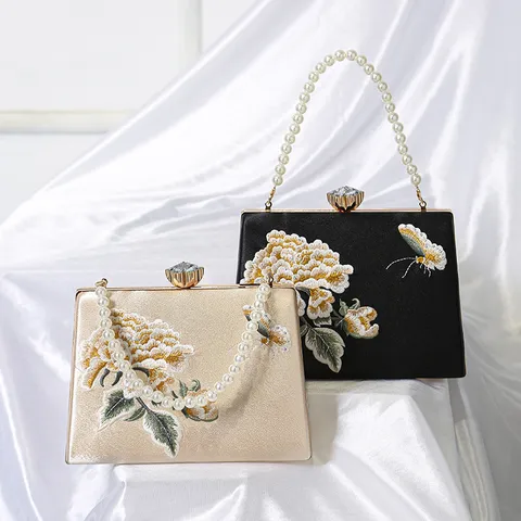 Neo-Chinese Retro Peony Embroidery Evening Bag Satin Pearl Handbag Elegant Banquet Wedding Clutch Purse For Women
