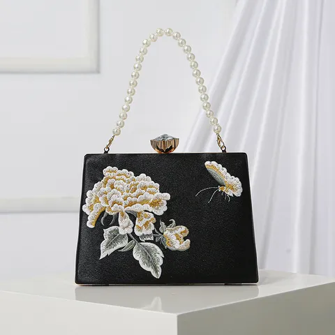 Neo-Chinese Retro Peony Embroidery Evening Bag Satin Pearl Handbag Elegant Banquet Wedding Clutch Purse For Women