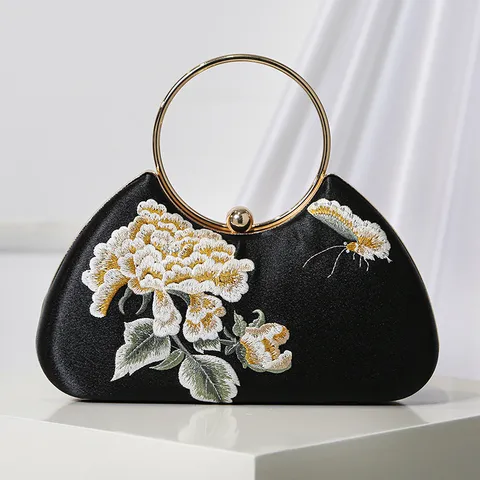 Vintage Chinese Embroidered Polyester Evening Bag Retro Floral Cheongsam Dress Circular Handbag Hanfu Women Bag
