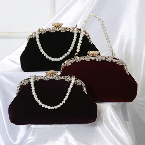 Women Vintage Velvet Evening Bag Elegant Pearl Handle Rhinestone Clutch Bag Banquet Wedding Purse Handbag