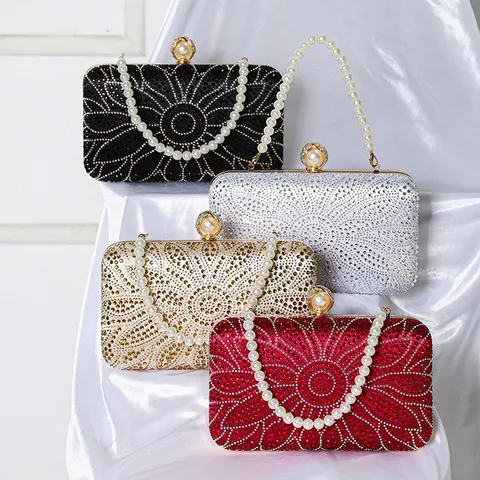 Women Fashion Luxury Evening Bag Rhinestone Floral Clutch Purse Pearl Chain Handbag Wedding Party Messenger Shoulder Bag