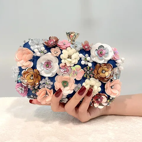 Handcrafted Floral Evening Bag Beaded Clutch Purse Vintage Rhinestone Wedding Party Handbag For Women