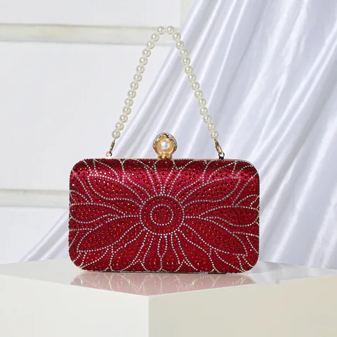 Women Fashion Luxury Evening Bag Rhinestone Floral Clutch Purse Pearl Chain Handbag Wedding Party Messenger Shoulder Bag