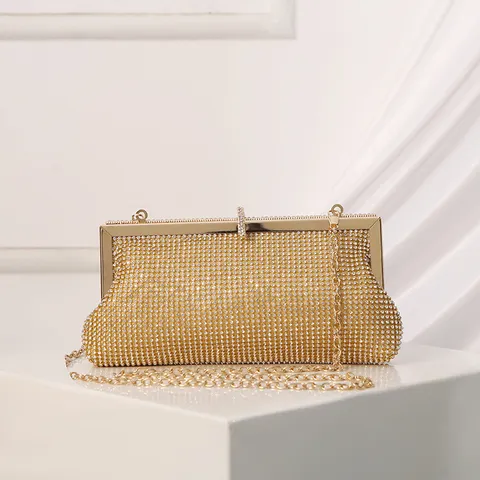 Women's Rhinestone Evening Bag Vintage Dumpling Shape Shoulder Handbag Luxury Metallic Frame Party Prom Purse