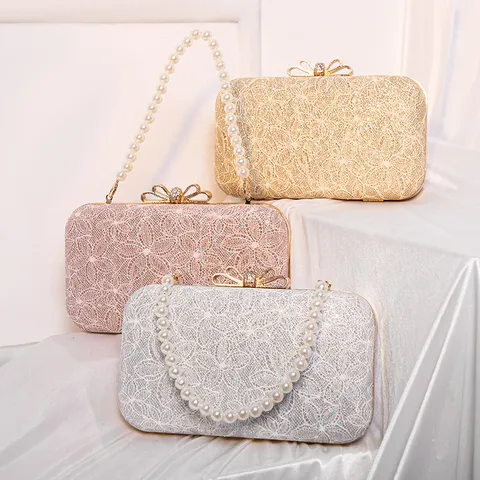 Women Elegant Evening Bag PU Leather Lace Pearl Chain Crossbody Bag Fashion Wedding Party Clutch Purse Gold Silver Pink