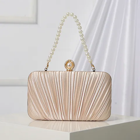 Women Satin Pleated Evening Clutch Bag Elegant Pearl Chain Handbag Crossbody Purse For Wedding Party