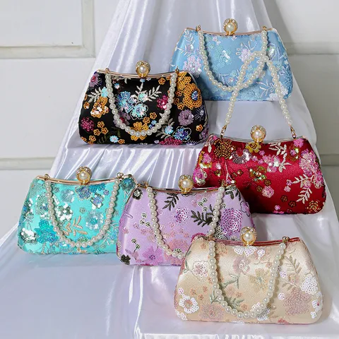 Women Evening Bag Beaded Sequin Flower Clutch With Pearl Handle Elegant Wedding Party Evening Handbag