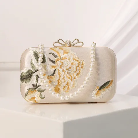 Chinese Style Evening Bag Women Embroidered Clutch Vintage Floral Evening Dress Bag Pearl Chain Handbag Crossbody Bag