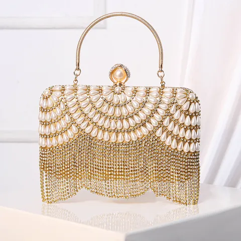 Women Rhinestone Pearl Evening Bag Elegant Vintage Clutch Purse Metal Handle Tassel Handbag For Wedding Party Banquet