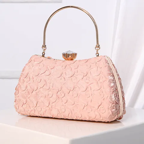 Women Satin Evening Bag Elegant Clutch Purse With Rhinestone Lock Metal Ring Handle For Banquet Party Wedding Prom