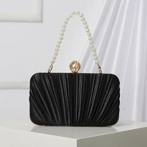 Women Satin Pleated Evening Clutch Bag Elegant Pearl Chain Handbag Crossbody Purse For Wedding Party
