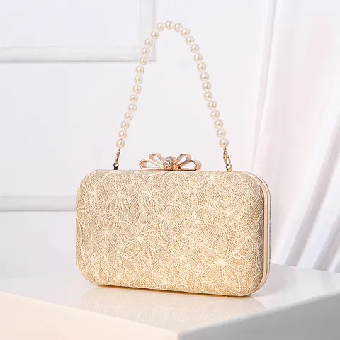 Women Elegant Evening Bag PU Leather Lace Pearl Chain Crossbody Bag Fashion Wedding Party Clutch Purse Gold Silver Pink