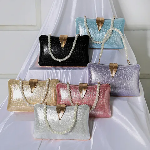 Luxury Crocodile Texture PU Leather Evening Bag Clutch Purse With Pearl Chain And Gold Leaf Buckle For Women Party Banquet
