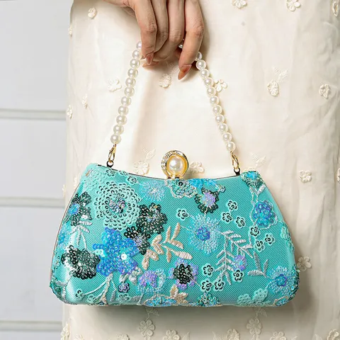 Women Evening Bag Beaded Sequin Flower Clutch With Pearl Handle Elegant Wedding Party Evening Handbag