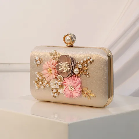Women Velvet Evening Bag Handmade Pearl Flower Clutch Purse Vintage Retro Banquet Handbag Rhinestone Lock Bag