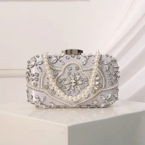 Women Evening Bag Rhinestone Beaded Pearl Clutch Bag European Vintage Handbag Wedding Party Wrist Bag