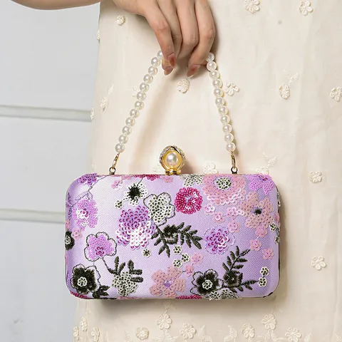 Women Rhinestone Floral Embroidered Evening Bag Pearl Chain Handbag Luxury Sequins Wedding Party Clutch Purse