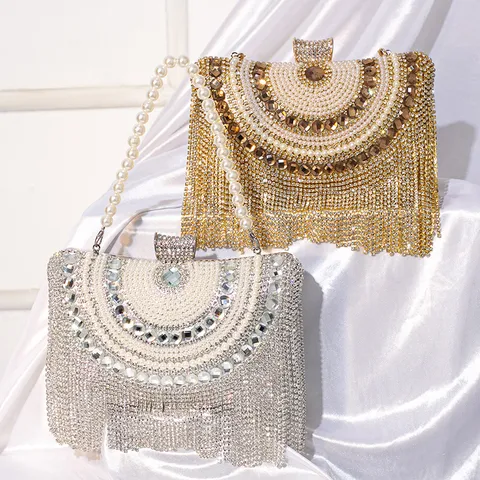 Luxury Rhinestone Tassel Evening Bag Women Metallic Chain Shoulder Clutch Purse Artificial Pearl Party Handbag