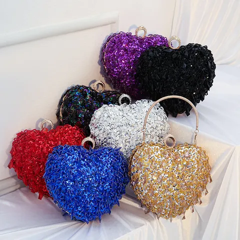 Women Heart Shaped Evening Bag Rhinestone Beaded Crystal Clutch Purse Wedding Party Handbag Metallic Chain Crossbody Bag