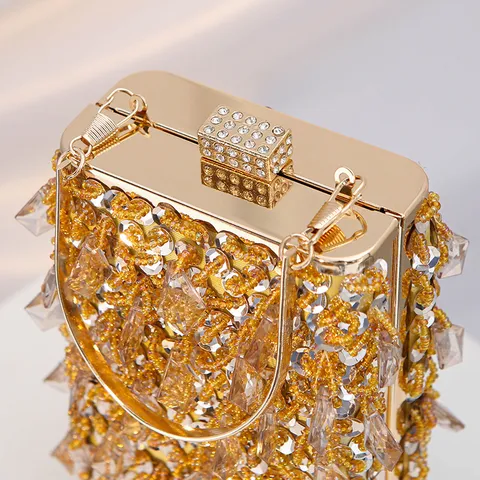 Women Luxury Vintage Beaded Evening Bag Sequins Handbag Crystal Wedding Party Clutch Bag Metallic Frame Chain Shoulder Bag