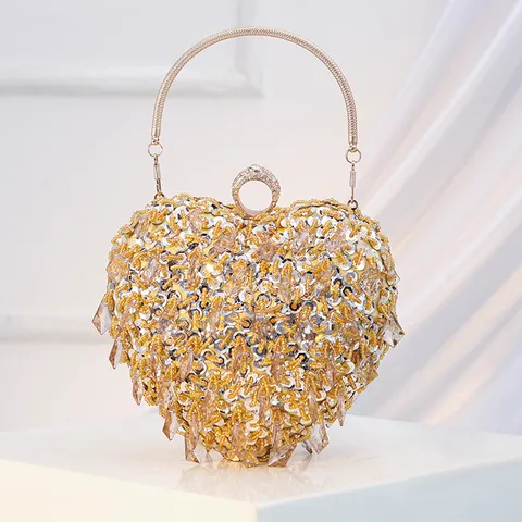 Women Heart Shaped Evening Bag Rhinestone Beaded Crystal Clutch Purse Wedding Party Handbag Metallic Chain Crossbody Bag
